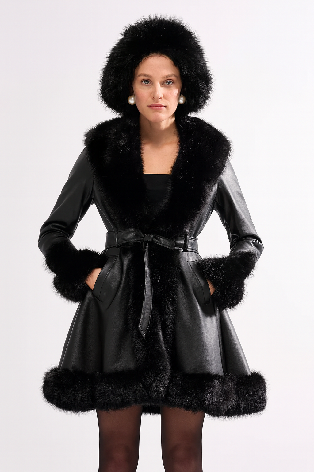 Luna Black Faux Leather & Fur Belted Coat