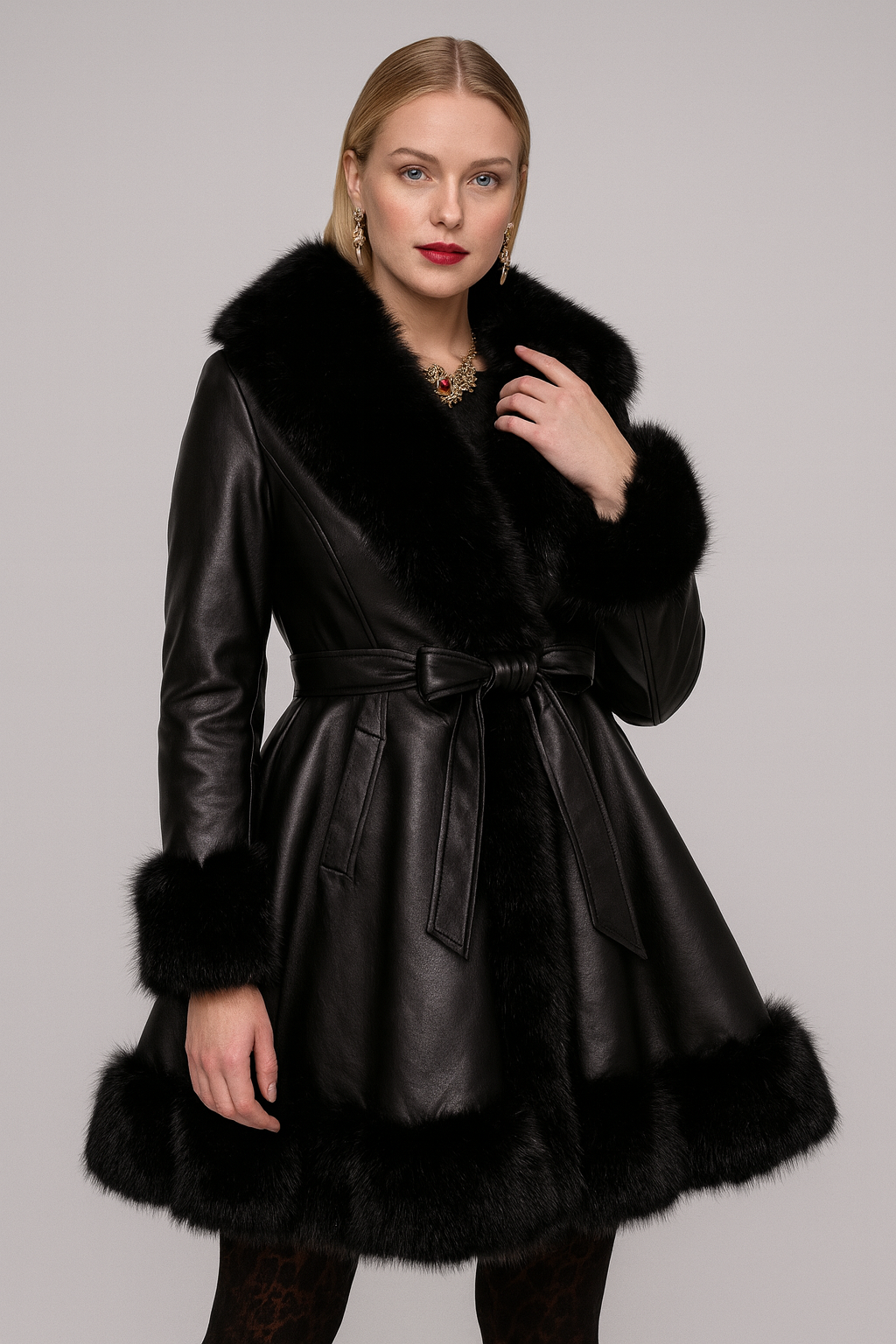 Luna Black Faux Leather & Fur Belted Coat