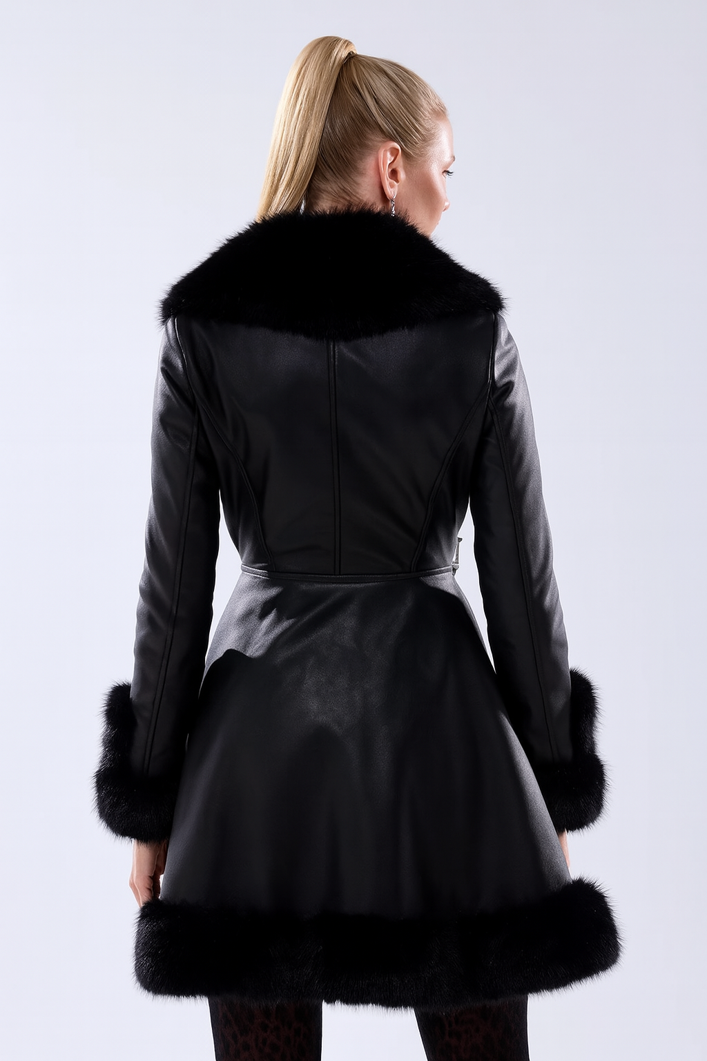 Luna Black Faux Leather & Fur Belted Coat