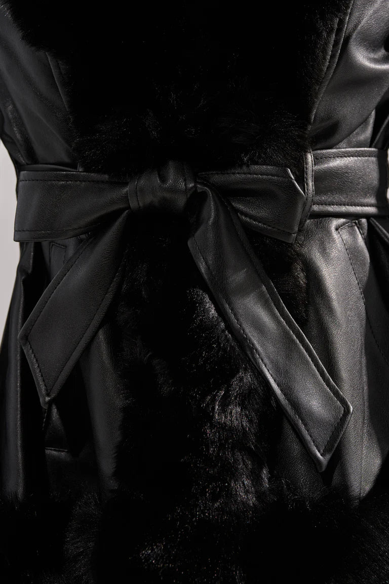 Luna Black Faux Leather & Fur Belted Coat