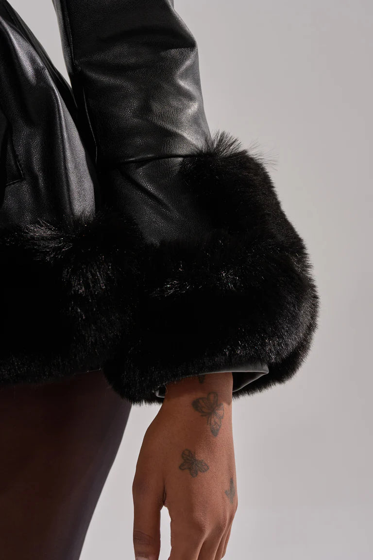 Luna Black Faux Leather & Fur Belted Coat