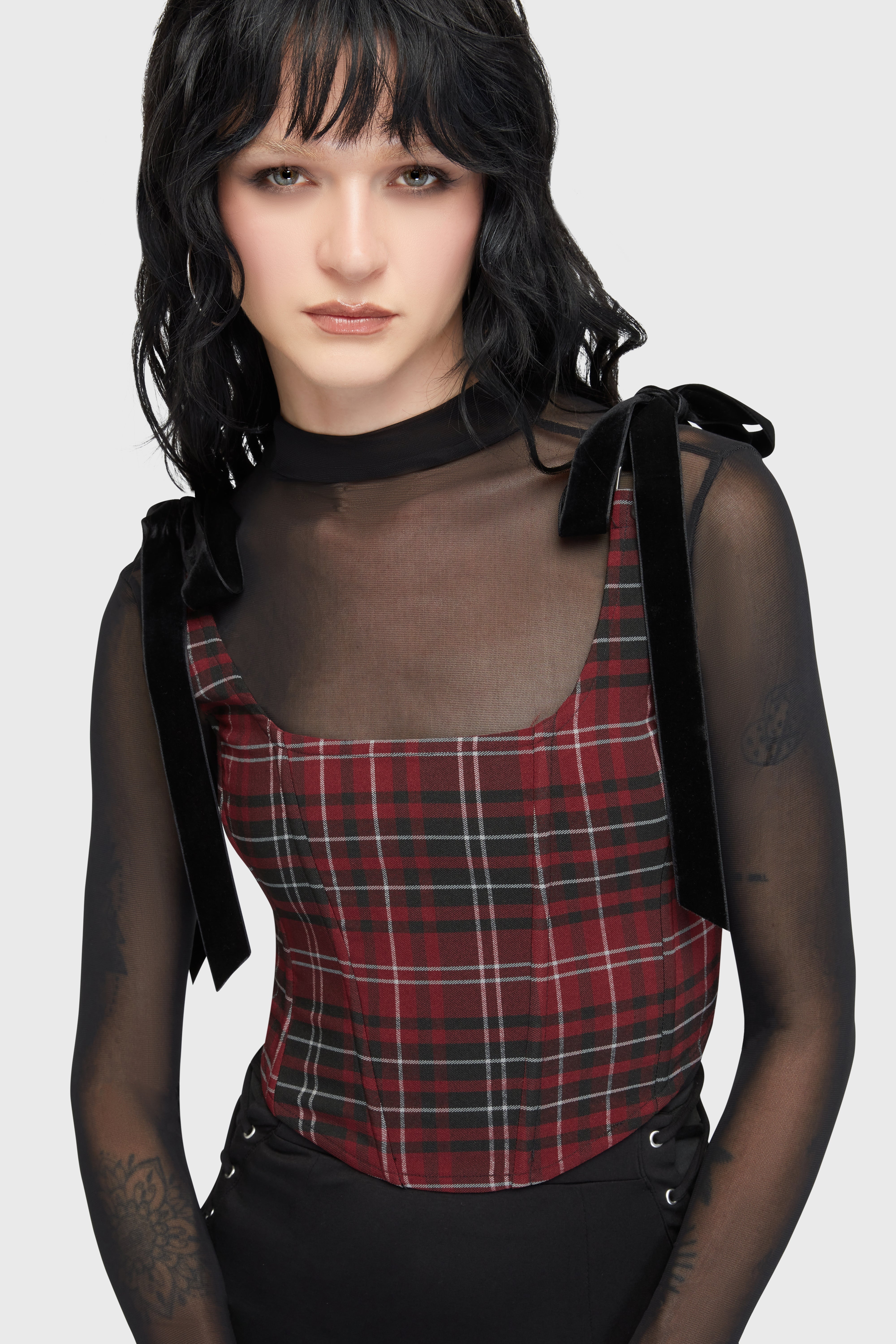 Tartan Flora Corset Top [BURGUNDY]